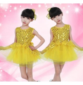 Gold yellow hot pink fuchsia sequined sleeveless bowknot  girls kids child children modern dance jazz dance school play show performance outfits dresses